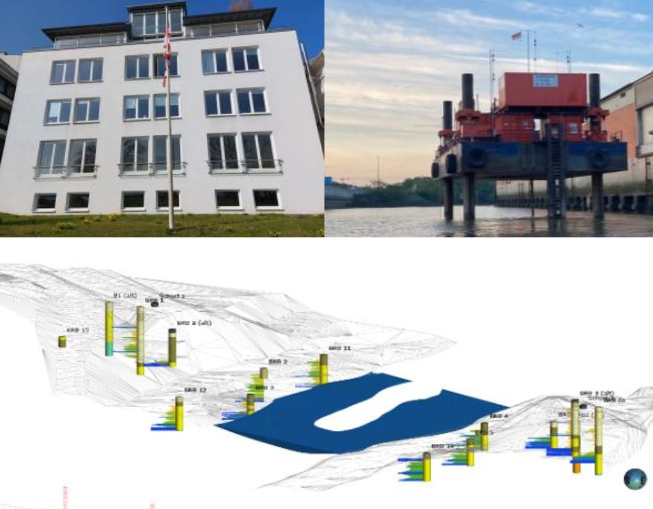 Collage aus Bürogebäude, einer roten Messplattform im Wasser und einem Baugrundmodell mit farbigen Bohrsäulen