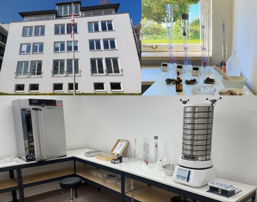 Collage aus Bürogebäude, Sedimentationszylindern am Fenster und einem Labortisch mit Trockenschrank und Siebturm
