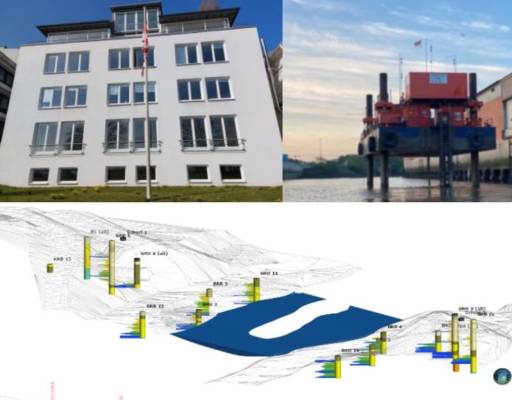 Collage aus Bürogebäude, Messplattform im Wasser und dreidimensionalem Baugrundmodell der TIG