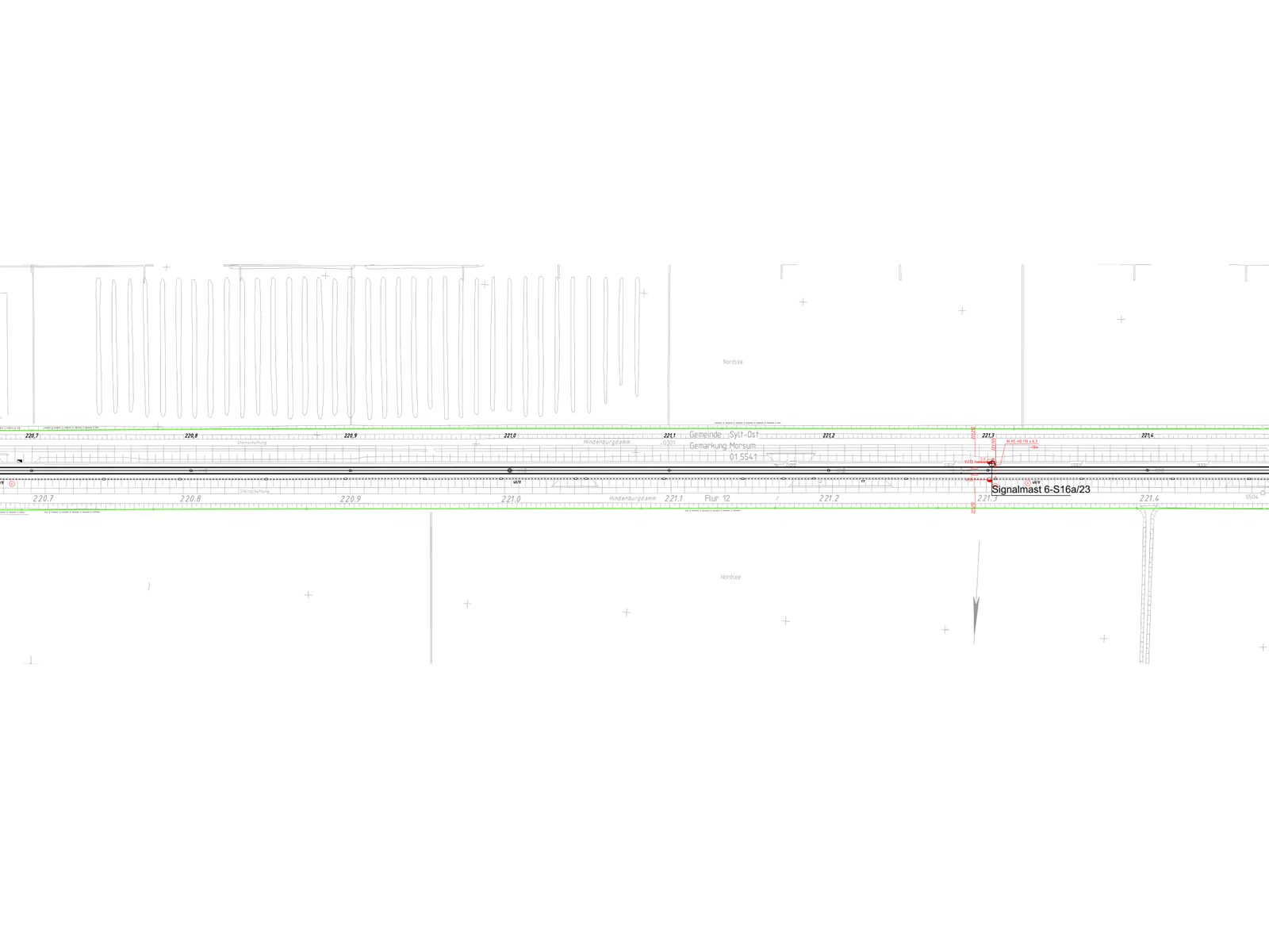 Lageplan des Hindenburgdamms mit Kilometrierung und rot markierter Position des Signalmasts 6-S16a/23