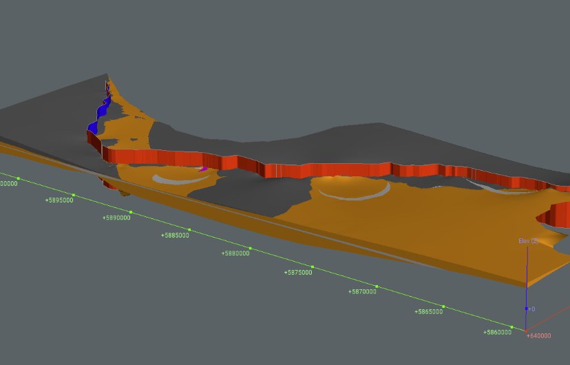 Dreidimensionales Baugrundmodell der NordOstLink-Trasse mit farbig getrennten Bodenschichten und Höhenachse