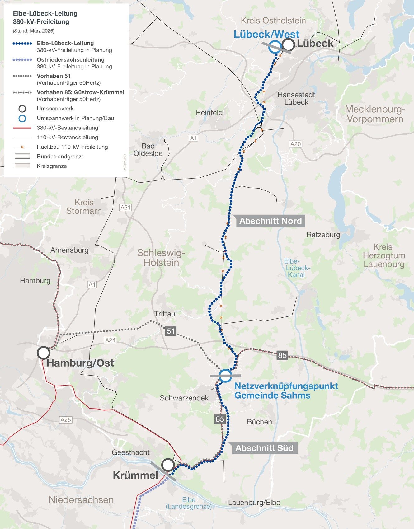 Trassenübersicht A390 Elbe-Lübeck-Leitung